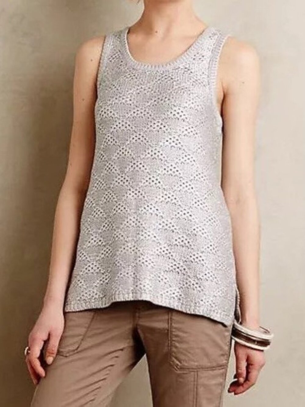 Anthropologie Moth Silver Metallic Foil Open Knit Sweater Tank Top XS
